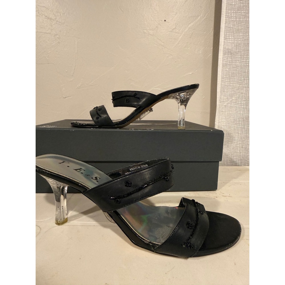 Y.E.S. Sizzle Sandals Women 8.5 Black Good Beaded Holographic LED Kitten Heel